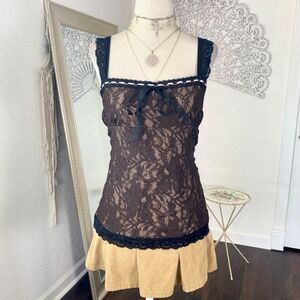 Doncaster Early 2000's Black Brown Mesh Whimsygoth Lace Cami Top L